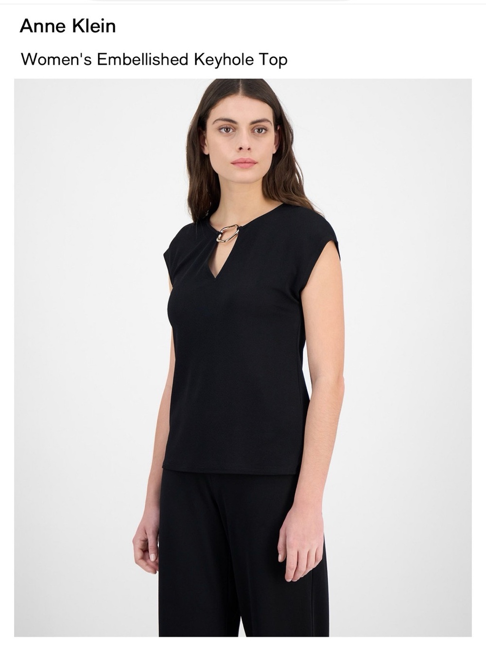 Anne Klein Black Embellished Keyhole Cap Sleeve Top